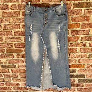 Y2K long denim raw edge skirt with slit size 15
